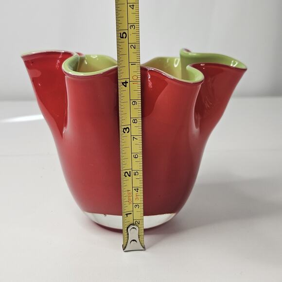 60s Murano Glass Handkerchief Red Green Ruffle Vase MCM Retro Vintage Handblown - Picture 7 of 7